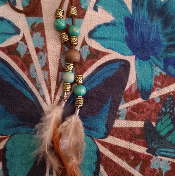 Unbranded~Blue & Brown Floral Butterfly Top Bat Wing Sleeves Feather Beaded Tie - Picture 12 of 15